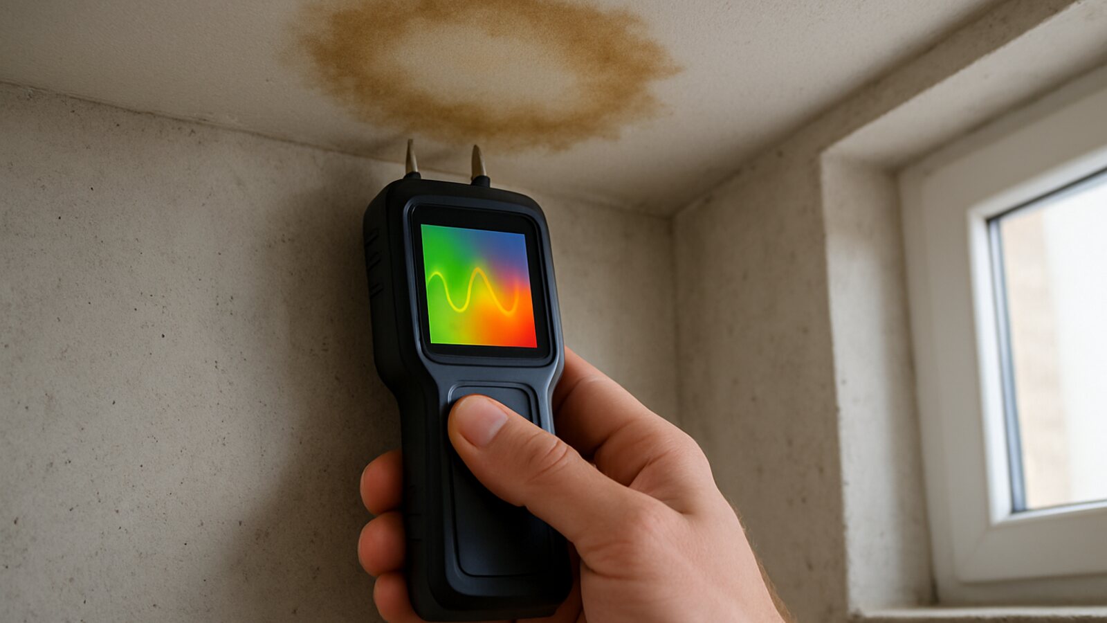 Feuchter dunkler Fleck an der Decke in Hauswirtschaftsraum, darunter ein Feuchtemessgerät an der Wand