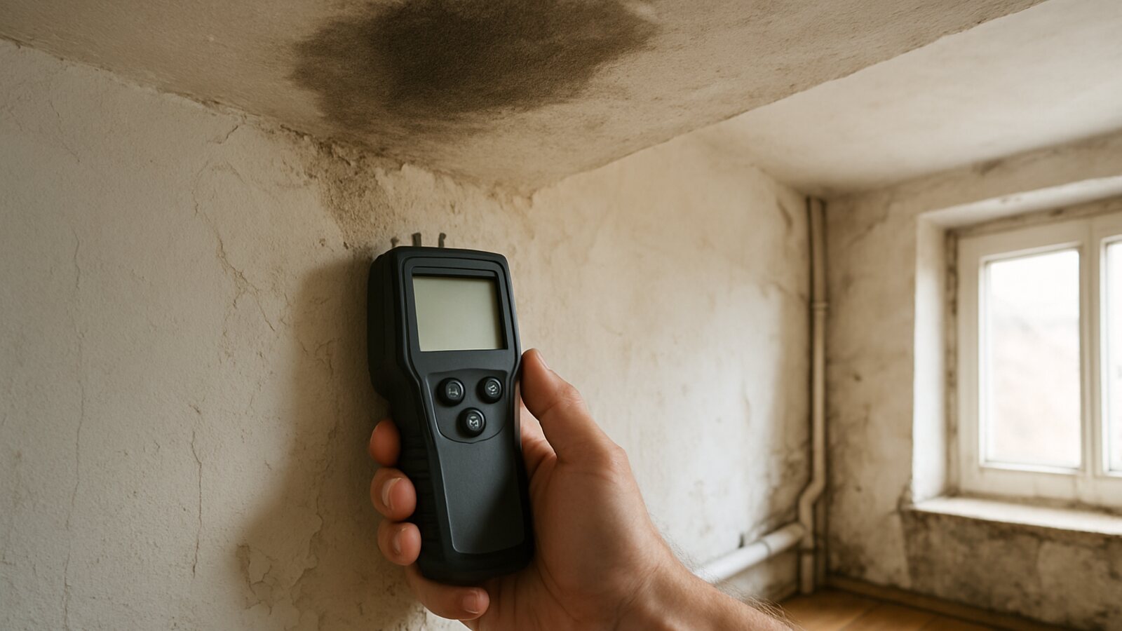Feuchter dunkler Fleck an der Decke in Hauswirtschaftsraum, darunter ein Feuchtemessgerät an der Wand