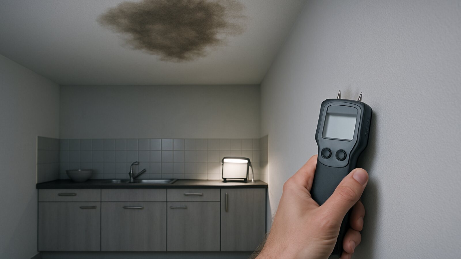 Feuchter dunkler Fleck an der Decke in Wohnküche, darunter ein Feuchtemessgerät an der Wand