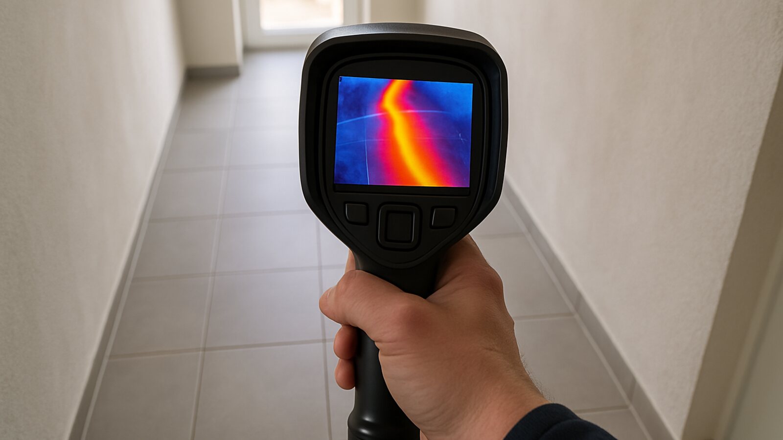 Wärmebildkamera zeigt eine warme Wasserleitung im Boden von Wohnungsflur als farbige Spur