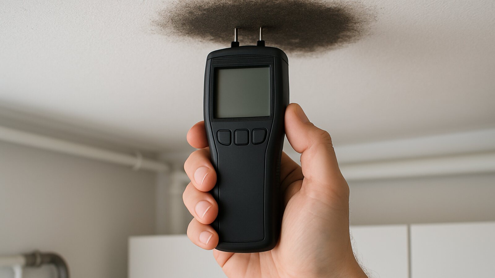 Feuchter dunkler Fleck an der Decke in Hauswirtschaftsraum, darunter ein Feuchtemessgerät an der Wand