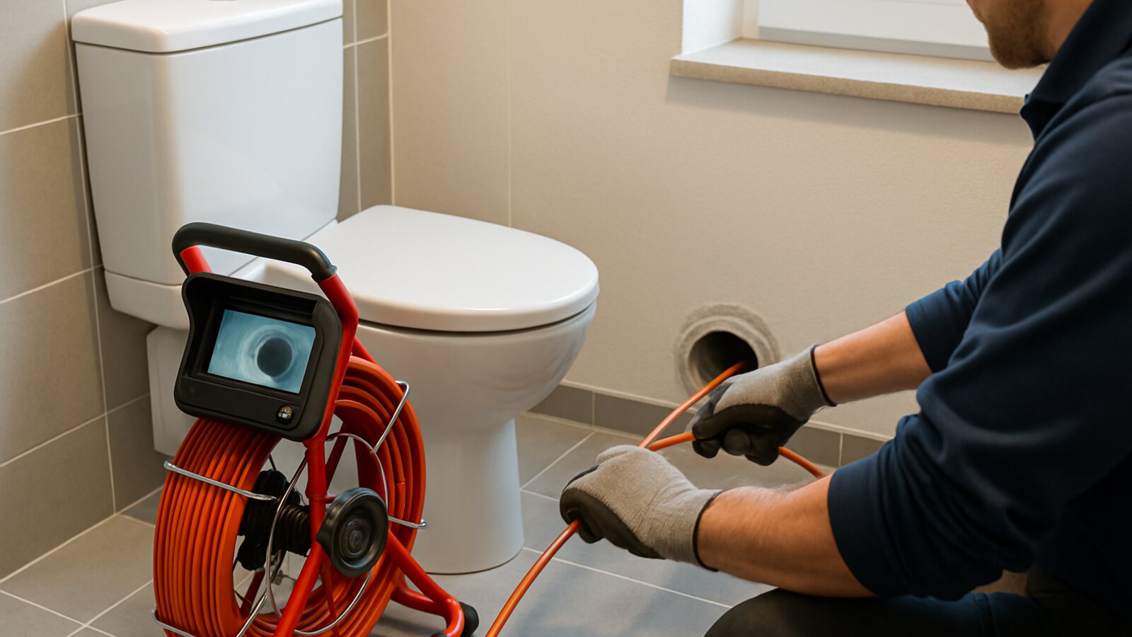 Rohrinspektionskamera wird zur Ortung in eine geöffnete Leitung in Gäste-WC geschoben