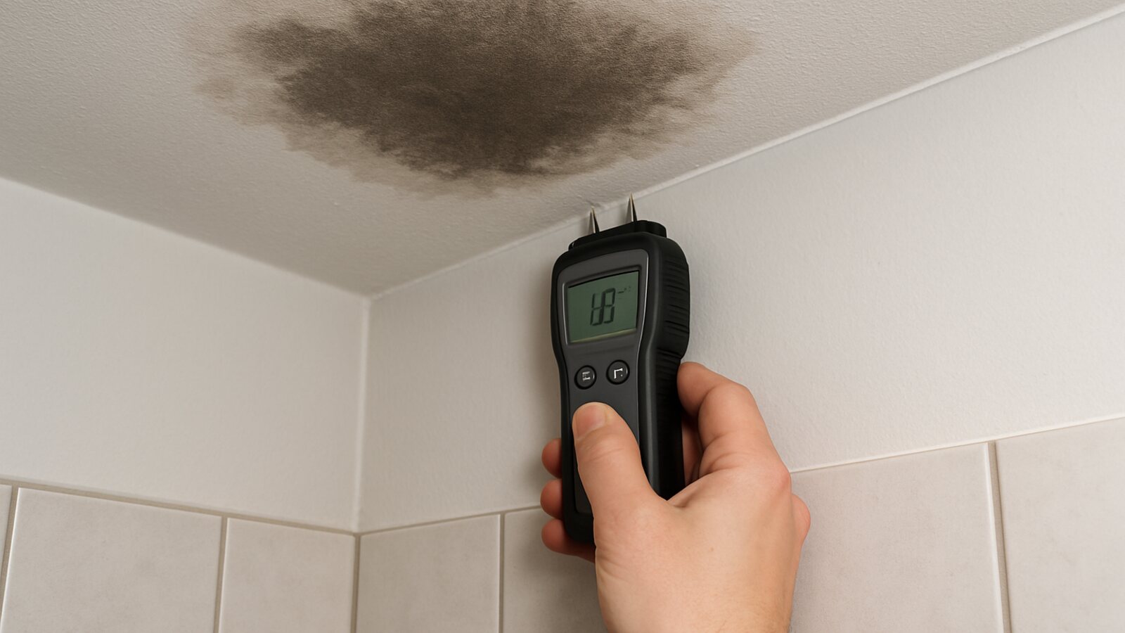 Feuchter dunkler Fleck an der Decke in Hauswirtschaftsraum, darunter ein Feuchtemessgerät an der Wand
