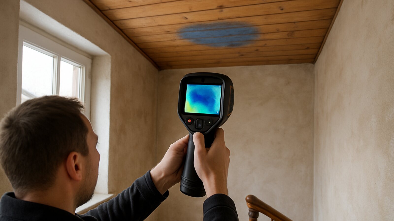 Wärmebildkamera prüft die Decke in Treppenhaus auf eine feuchte Zone