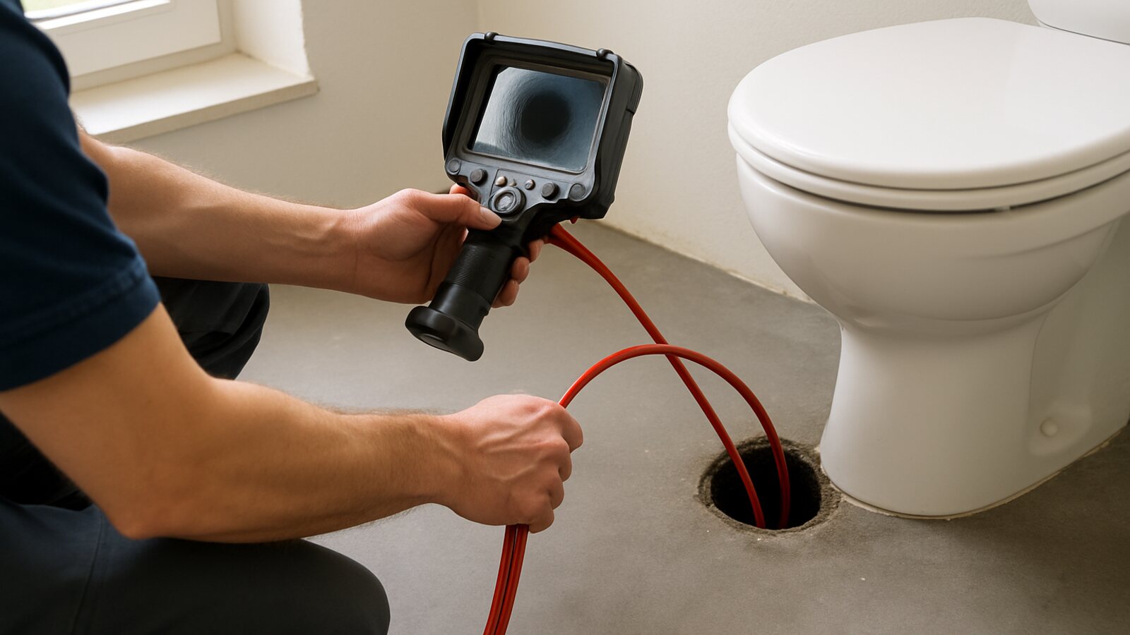 Rohrinspektionskamera wird zur Ortung in eine geöffnete Leitung in Gäste-WC geschoben