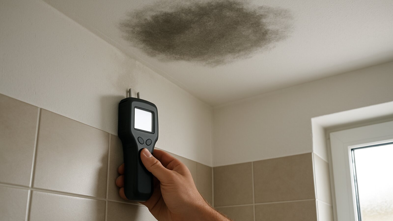 Feuchter dunkler Fleck an der Decke in Hauswirtschaftsraum, darunter ein Feuchtemessgerät an der Wand