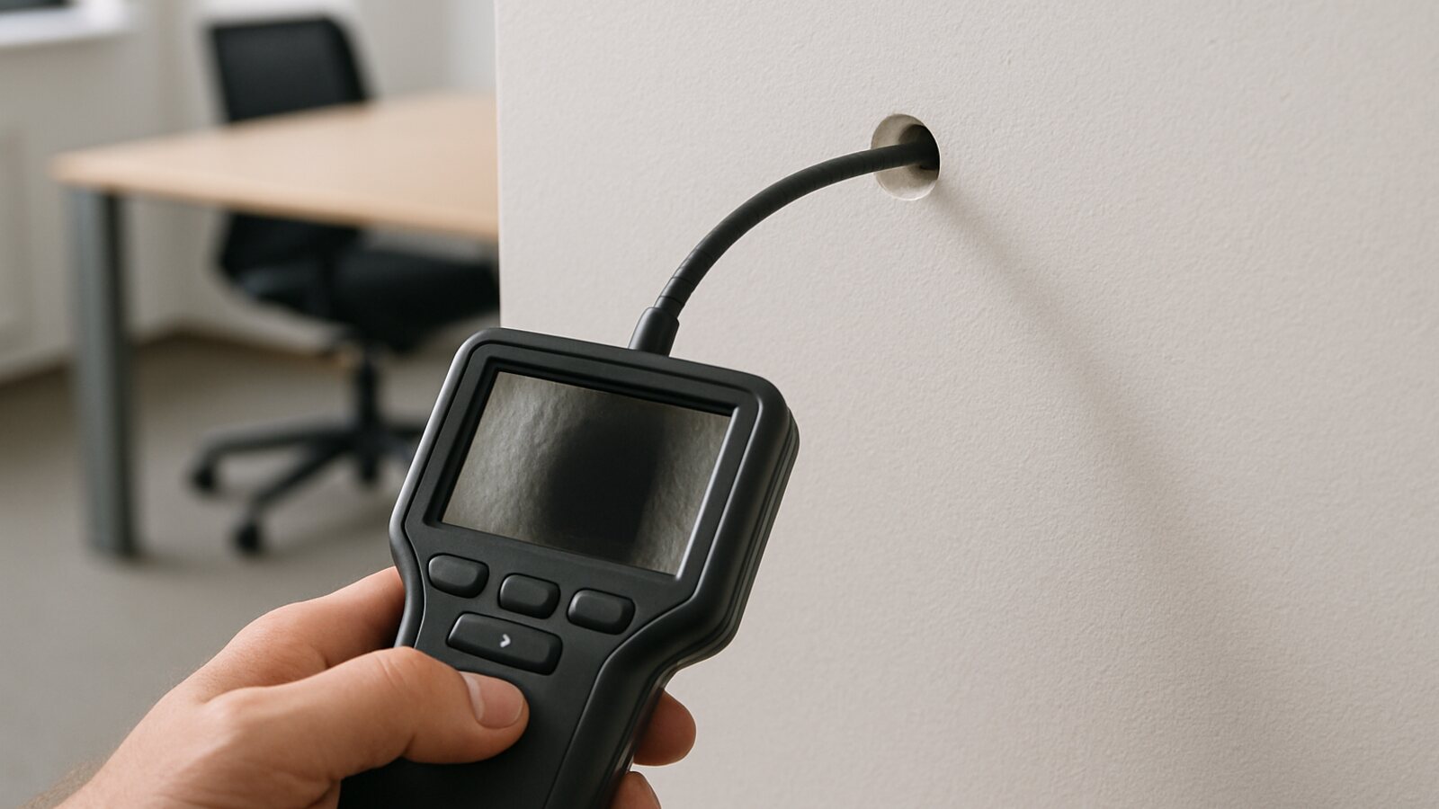 Endoskopsonde in einem Bohrloch macht den Hohlraum hinter der Wand in Büro sichtbar