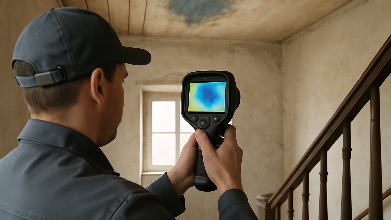 Wärmebildkamera prüft die Decke in Treppenhaus auf eine feuchte Zone