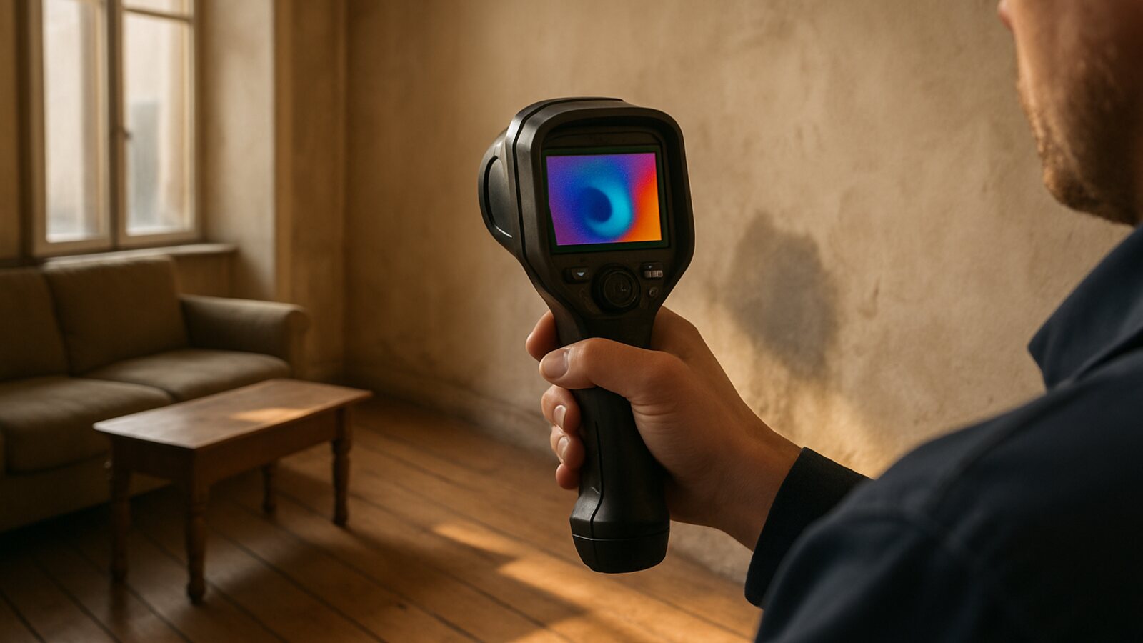 Techniker ortet mit einer Wärmebildkamera eine feuchte Stelle an der Wand in Altbau-Wohnzimmer, ohne sie aufzustemmen