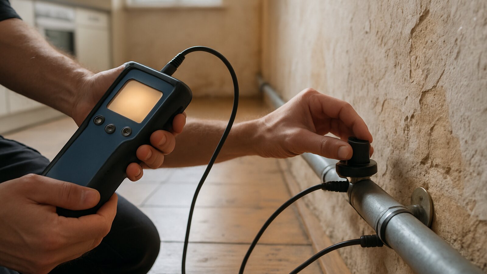 Korrelator mit zwei Sensoren an einer Wasserleitung misst das Leckgeräusch in Wohnküche