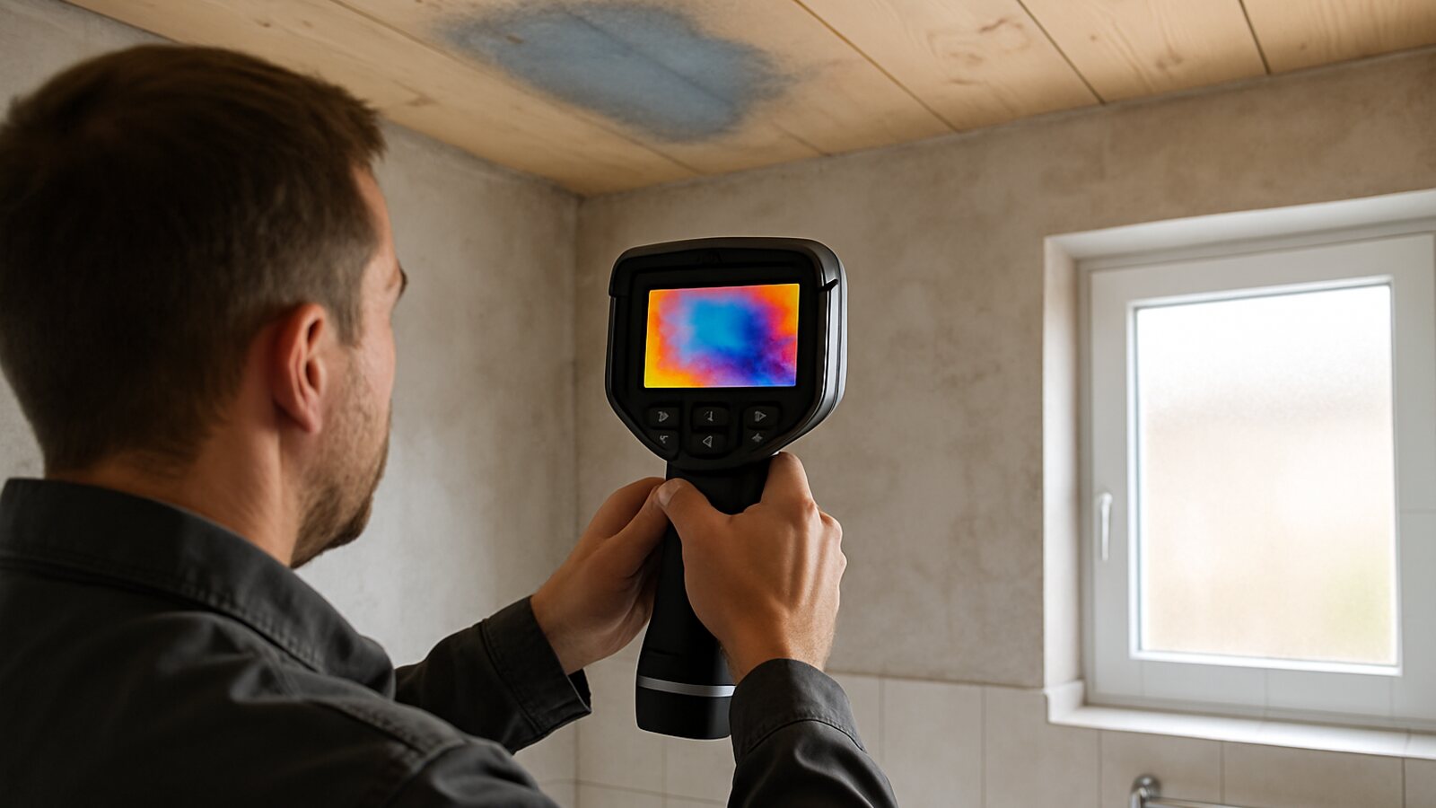 Wärmebildkamera prüft die Decke in Neubau-Badezimmer auf eine feuchte Zone