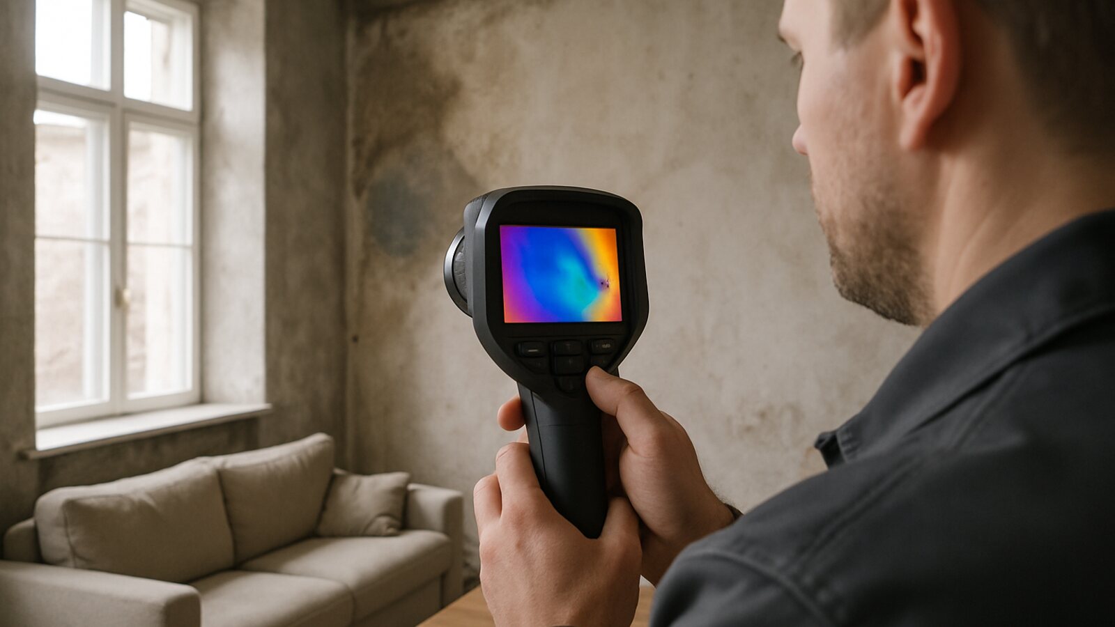 Techniker ortet mit einer Wärmebildkamera eine feuchte Stelle an der Wand in Altbau-Wohnzimmer, ohne sie aufzustemmen