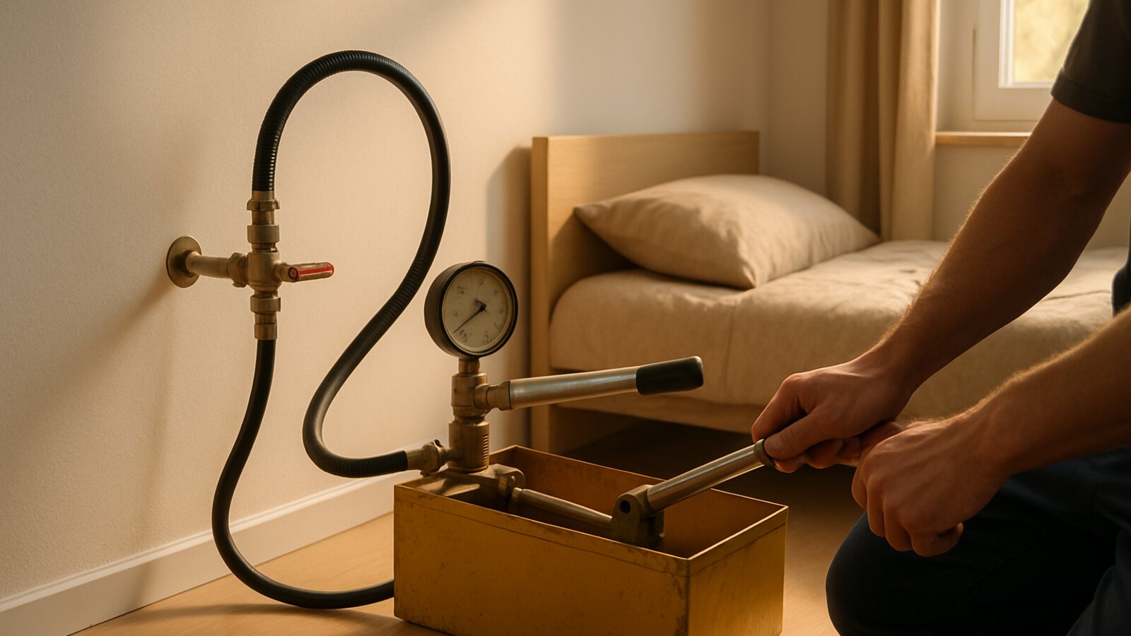 Druckprüfung an einer Wasserleitung mit angeschlossenem Manometer in Schlafzimmer