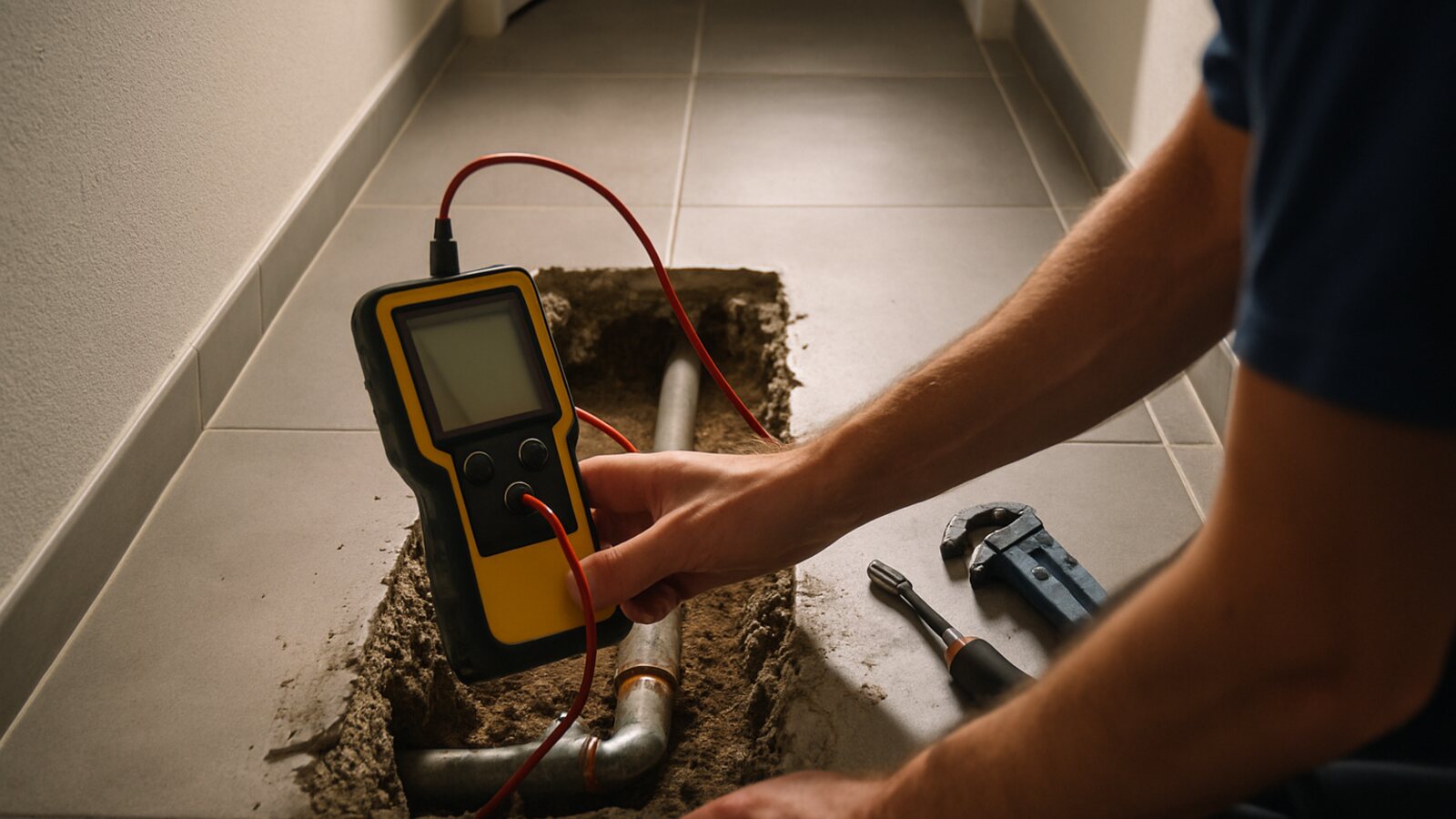 Freigelegte Wasserleitung mit sichtbarer Schadstelle in einem geöffneten Boden in Wohnungsflur
