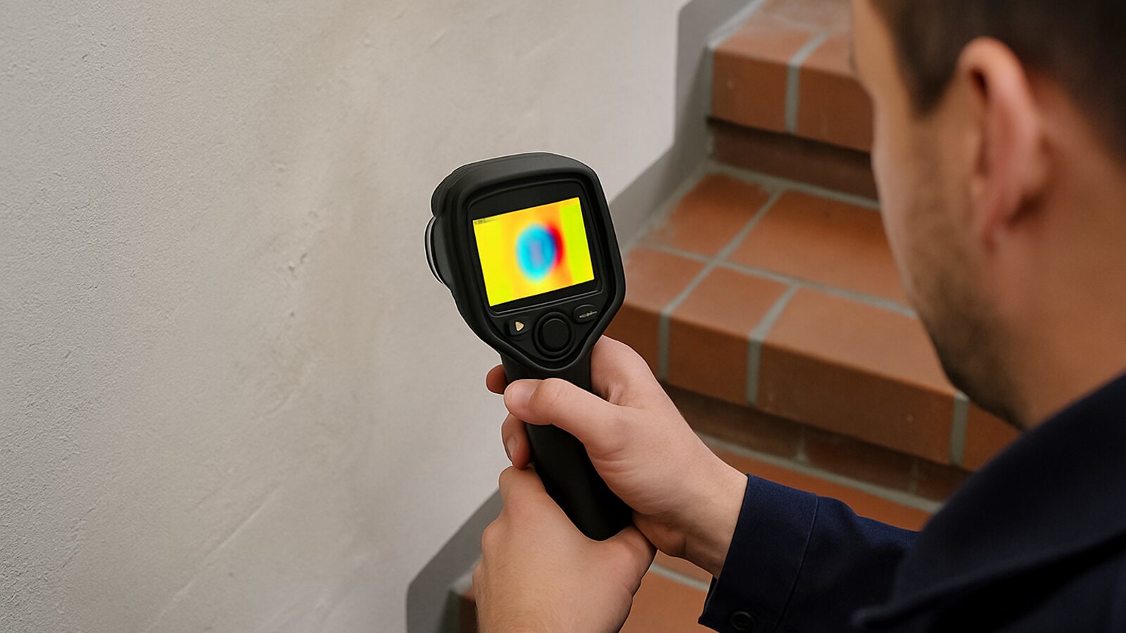 Techniker ortet mit einer Wärmebildkamera eine feuchte Stelle an der Wand in Treppenhaus, ohne sie aufzustemmen