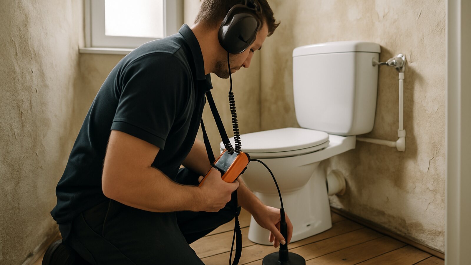 Akustische Ortung mit Bodenmikrofon und Kopfhörer entlang einer Leitung in Gäste-WC