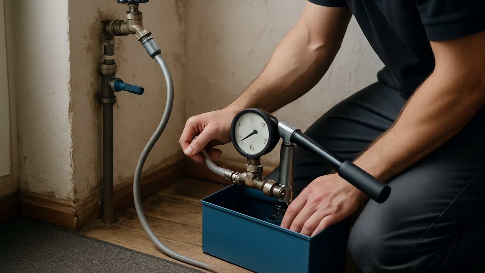 Druckprüfung an einer Wasserleitung mit angeschlossenem Manometer in Büro