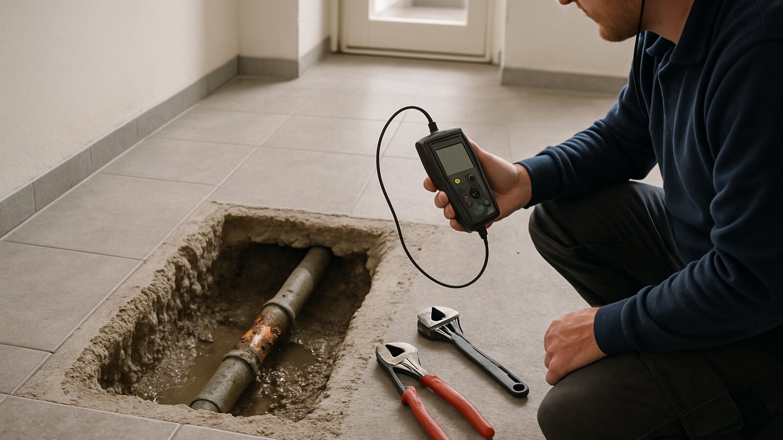 Freigelegte Wasserleitung mit sichtbarer Schadstelle in einem geöffneten Boden in Hausflur
