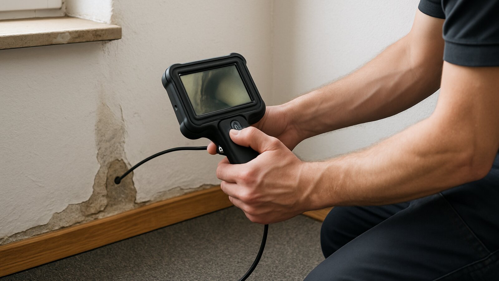 Endoskopsonde in einem Bohrloch macht den Hohlraum hinter der Wand in Büro sichtbar