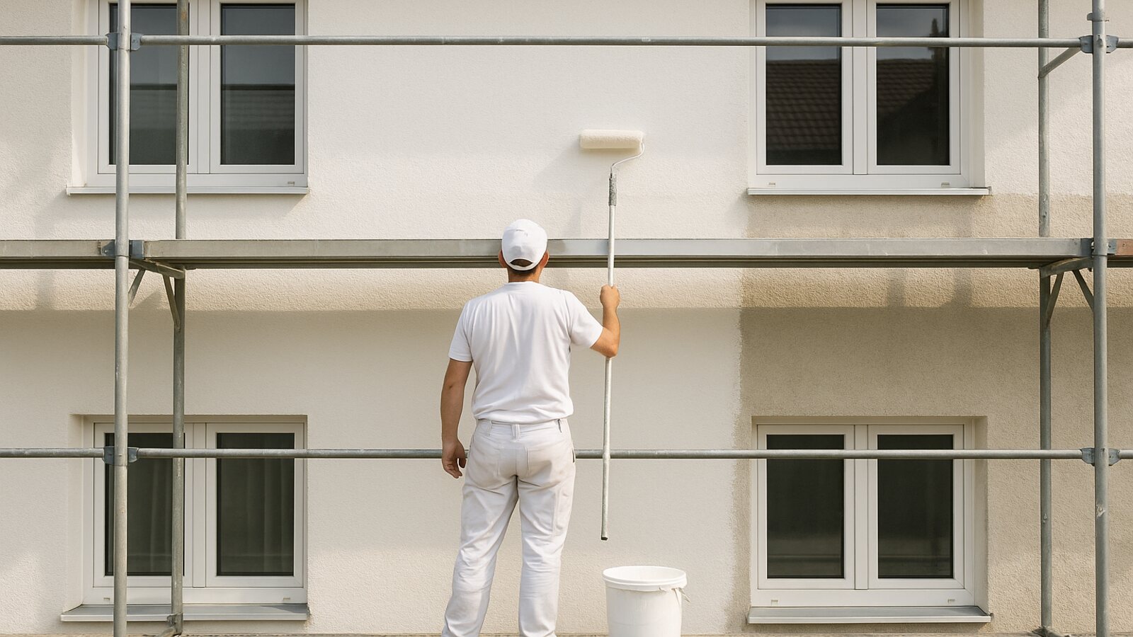 Fassadenanstrich einer verputzten Hauswand von einem Arbeitsgerüst aus
