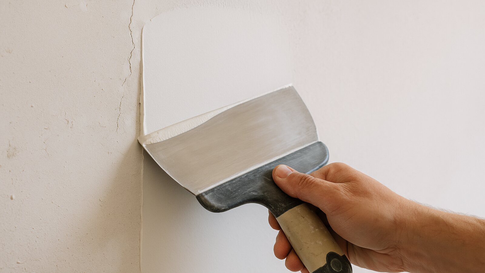 Mit einer breiten Spachtel wird Füllspachtel glatt auf eine Innenwand gezogen