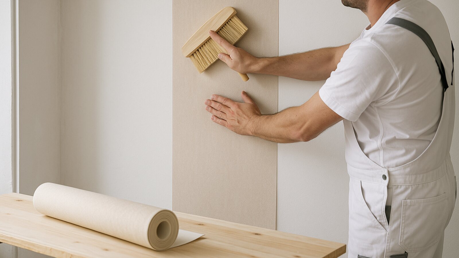 Tapetenbahn wird mit der Tapezierbürste an der Wand glattgestrichen