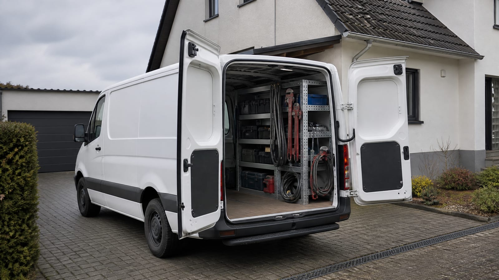 Monteur mit Servicetransporter in einer Wohnhauseinfahrt