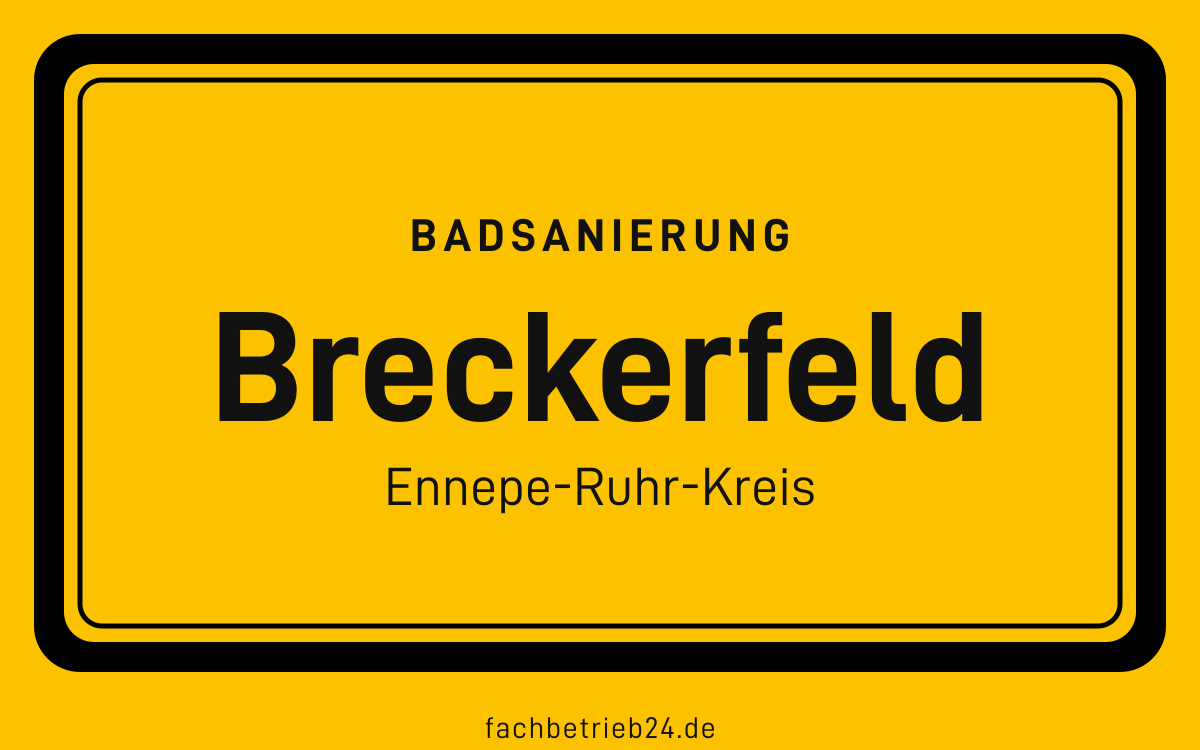 Gelbe Ortstafel Breckerfeld mit der Kopfzeile Badsanierung
