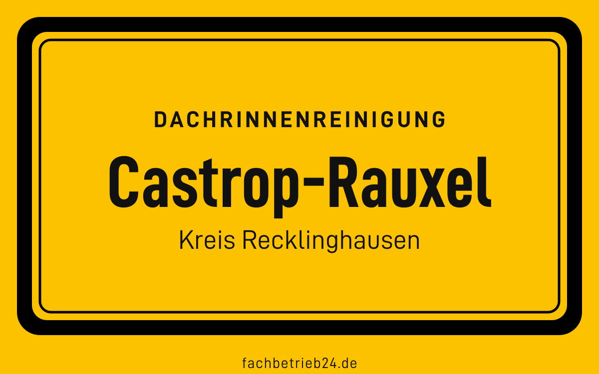 Gelbe Ortstafel Castrop-Rauxel mit der Kopfzeile Dachrinnenreinigung, Kreis Recklinghausen