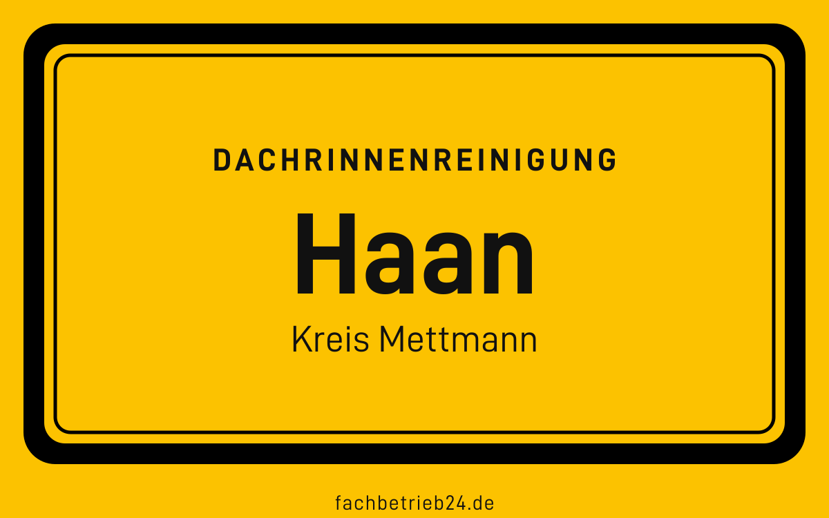 Gelbe Ortstafel Haan mit der Kopfzeile Dachrinnenreinigung, Kreis Mettmann