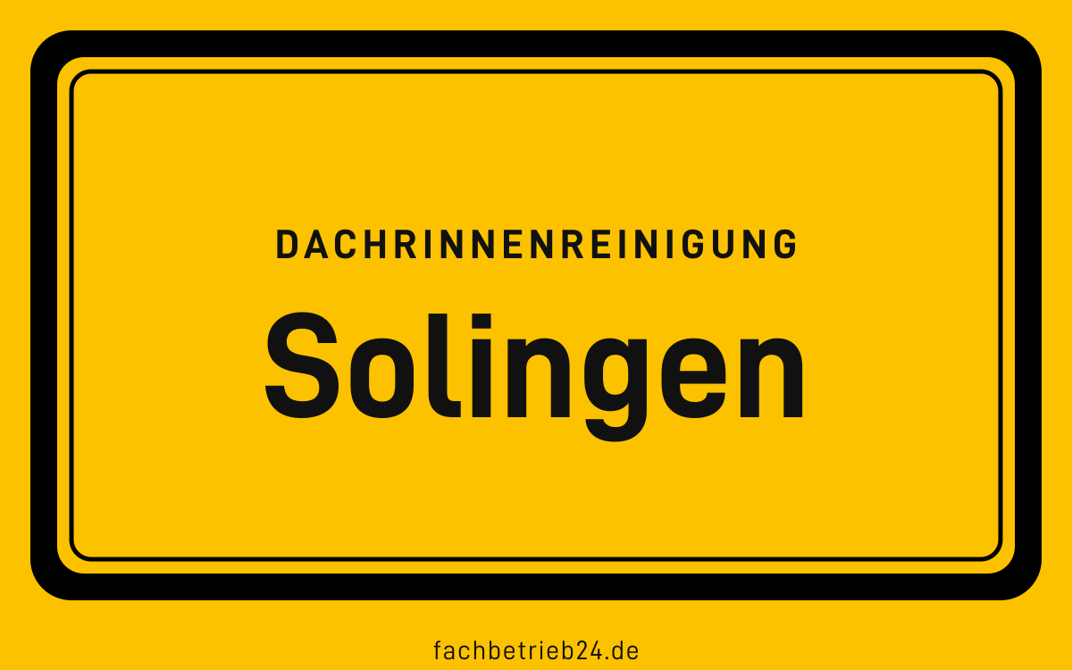 Gelbe Ortstafel Solingen mit der Kopfzeile Dachrinnenreinigung, kreisfreie Stadt