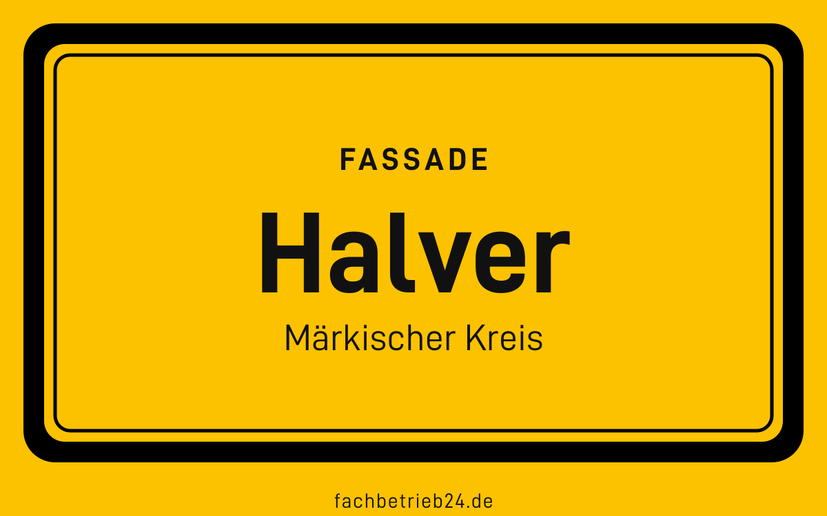 Gelbe Ortstafel Halver mit der Kopfzeile Fassade