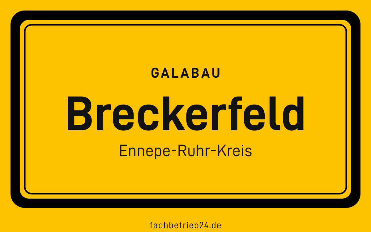 Gelbe Ortstafel Breckerfeld mit der Kopfzeile GaLaBau