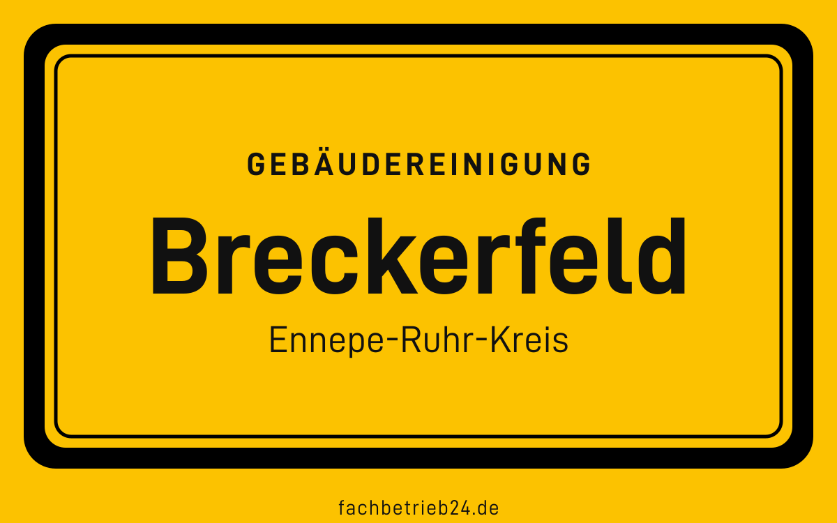Gelbe Ortstafel Breckerfeld mit der Kopfzeile Gebäudereinigung