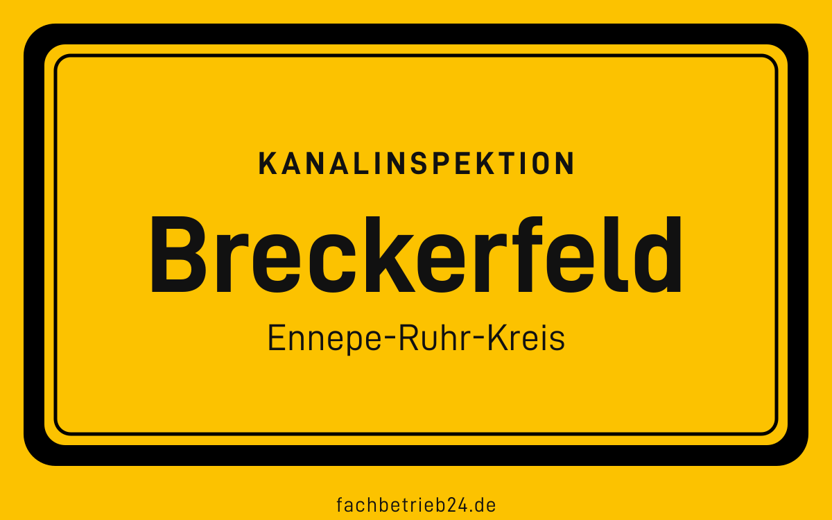 Gelbe Ortstafel Breckerfeld mit der Kopfzeile Kanalinspektion und der Zeile Ennepe-Ruhr-Kreis