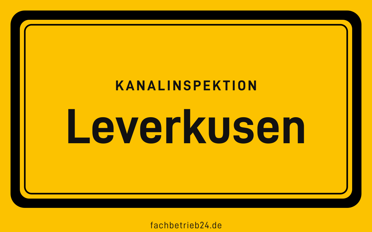 Gelbe Ortstafel Leverkusen mit der Kopfzeile Kanalinspektion, kreisfreie Stadt