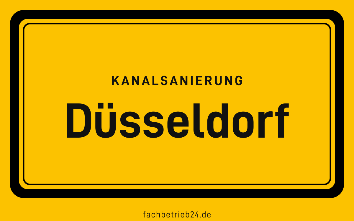 Gelbe Ortstafel Düsseldorf mit der Kopfzeile Kanalsanierung