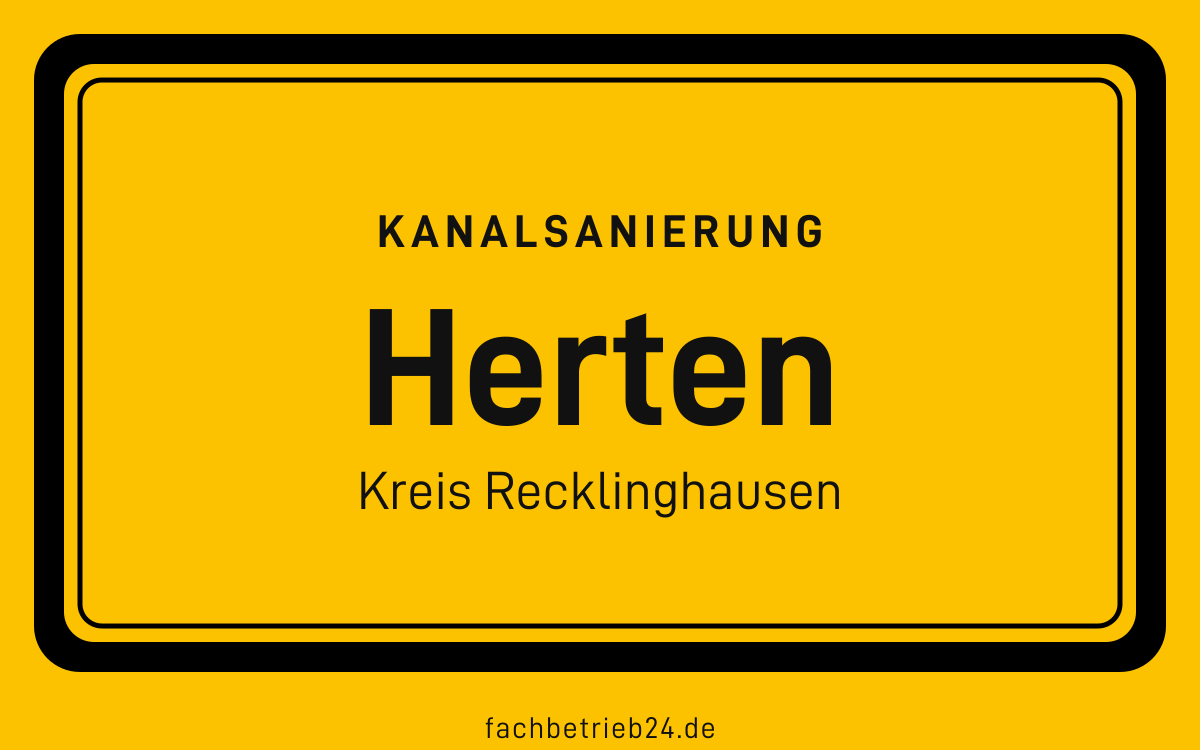 Gelbe Ortstafel Herten mit der Kopfzeile Kanalsanierung
