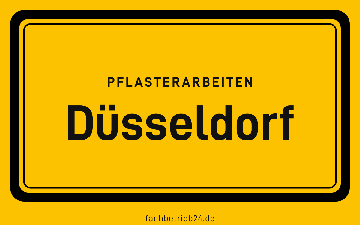 Gelbe Ortstafel Düsseldorf mit der Kopfzeile Pflasterarbeiten