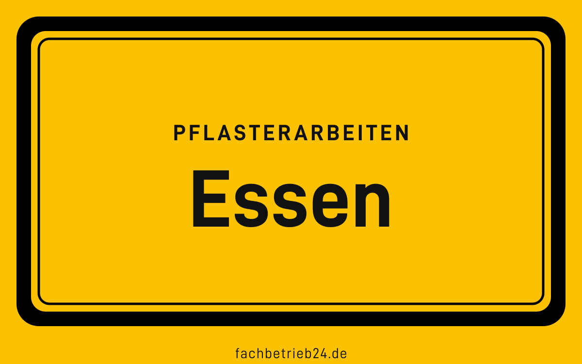 Gelbe Ortstafel Essen mit der Kopfzeile Pflasterarbeiten