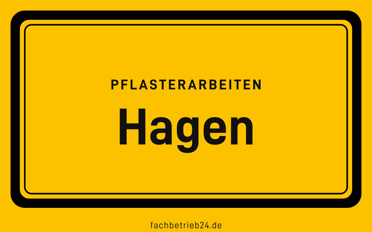 Gelbe Ortstafel Hagen mit der Kopfzeile Pflasterarbeiten
