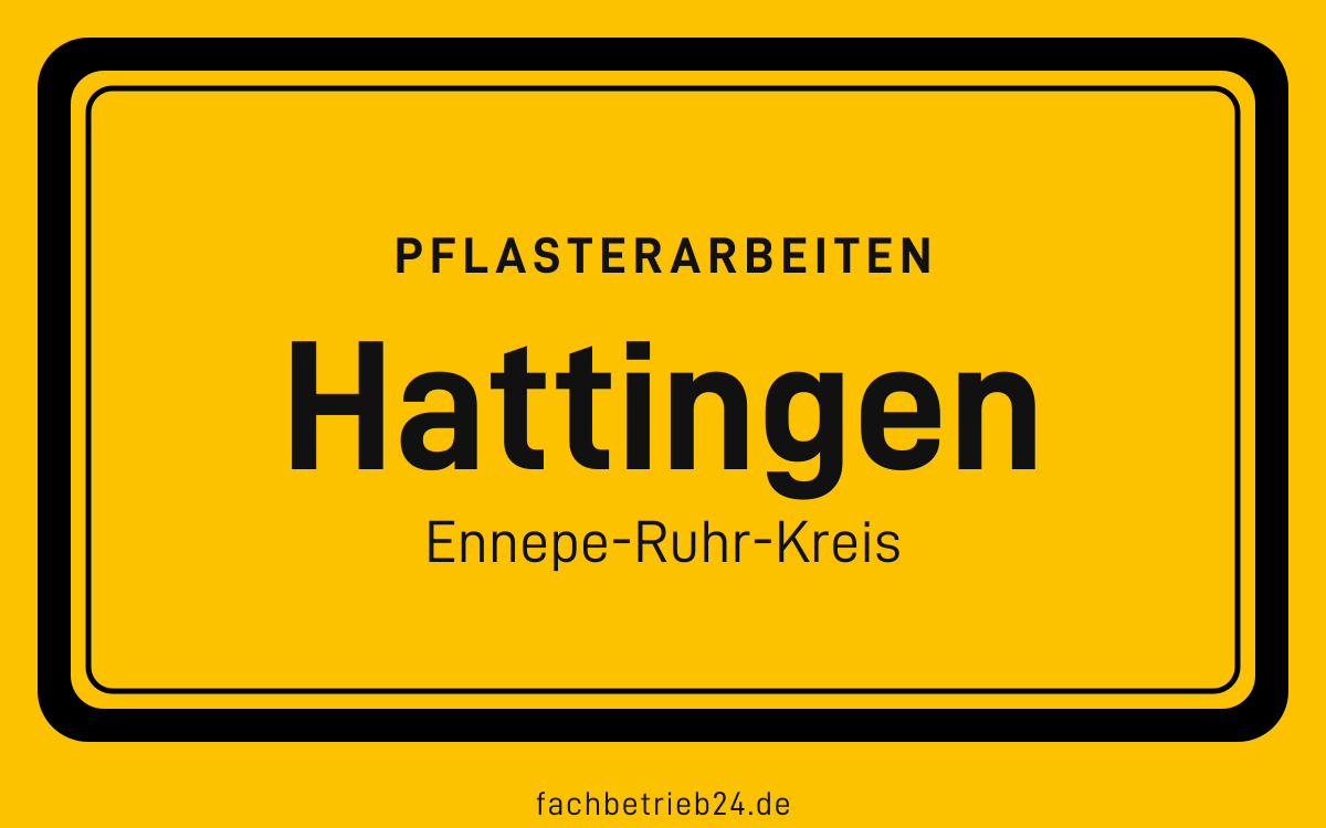 Gelbe Ortstafel Hattingen mit der Kopfzeile Pflasterarbeiten