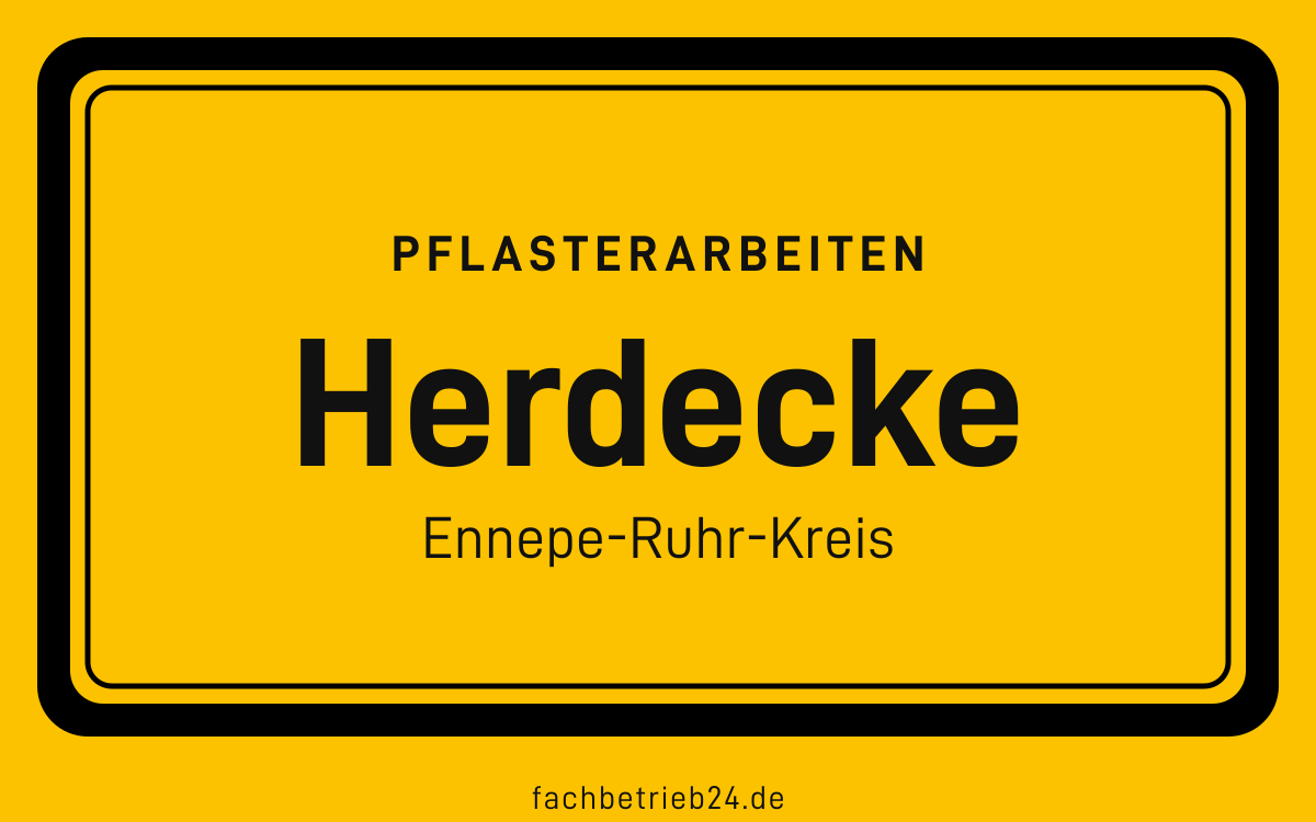 Gelbe Ortstafel Herdecke mit der Kopfzeile Pflasterarbeiten
