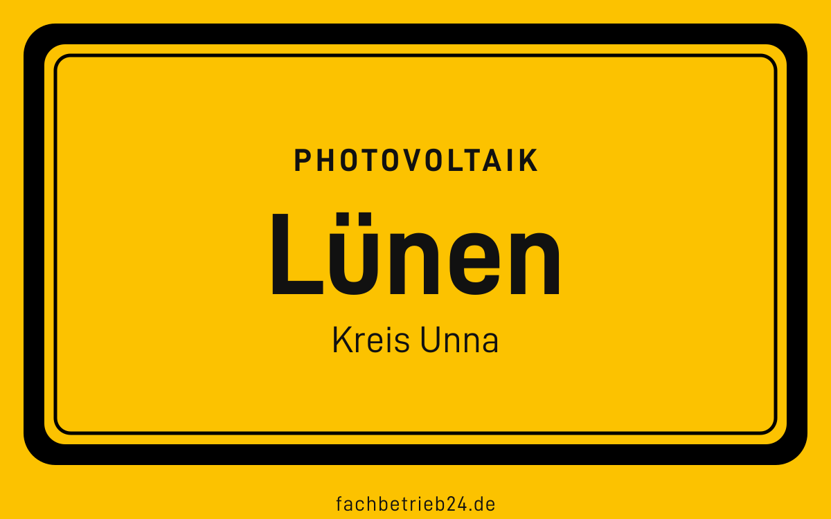 Gelbe Ortstafel Lünen mit der Kopfzeile Photovoltaik