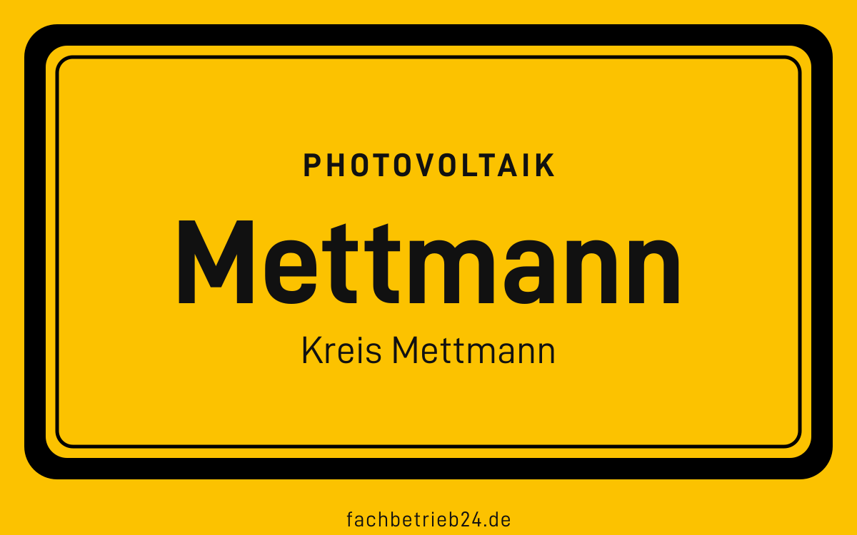 Gelbe Ortstafel Mettmann mit der Kopfzeile Photovoltaik