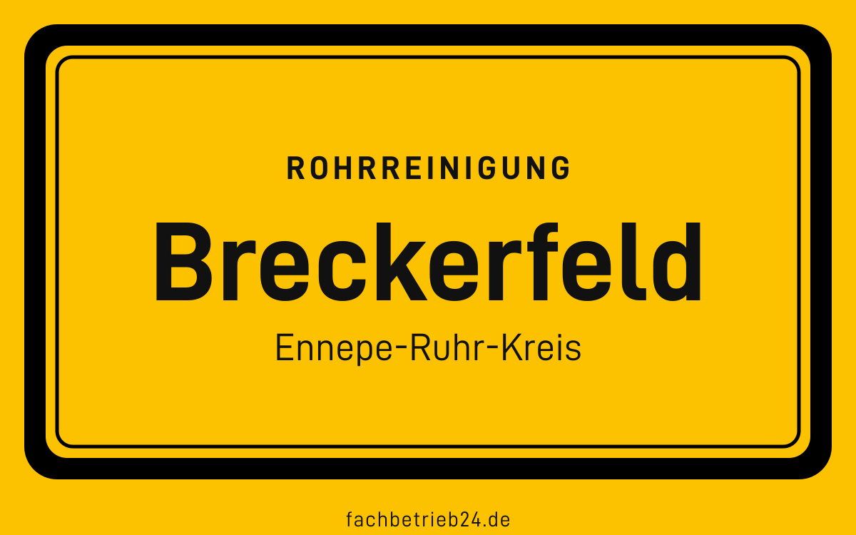 Gelbe Ortstafel Breckerfeld mit der Kopfzeile Rohrreinigung