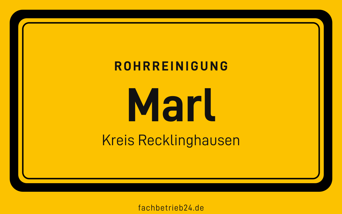 Gelbe Ortstafel Marl mit der Kopfzeile Rohrreinigung