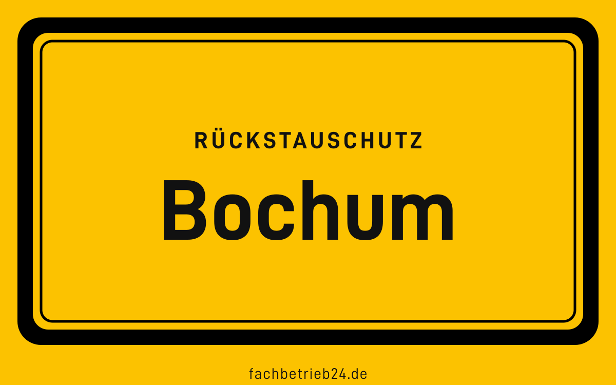 Gelbe Ortstafel Bochum mit der Kopfzeile Rückstauschutz