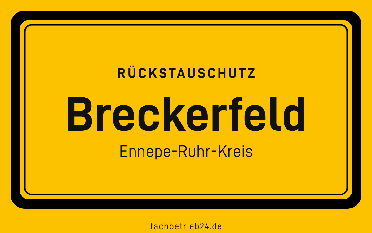 Gelbe Ortstafel Breckerfeld mit der Kopfzeile Rückstauschutz