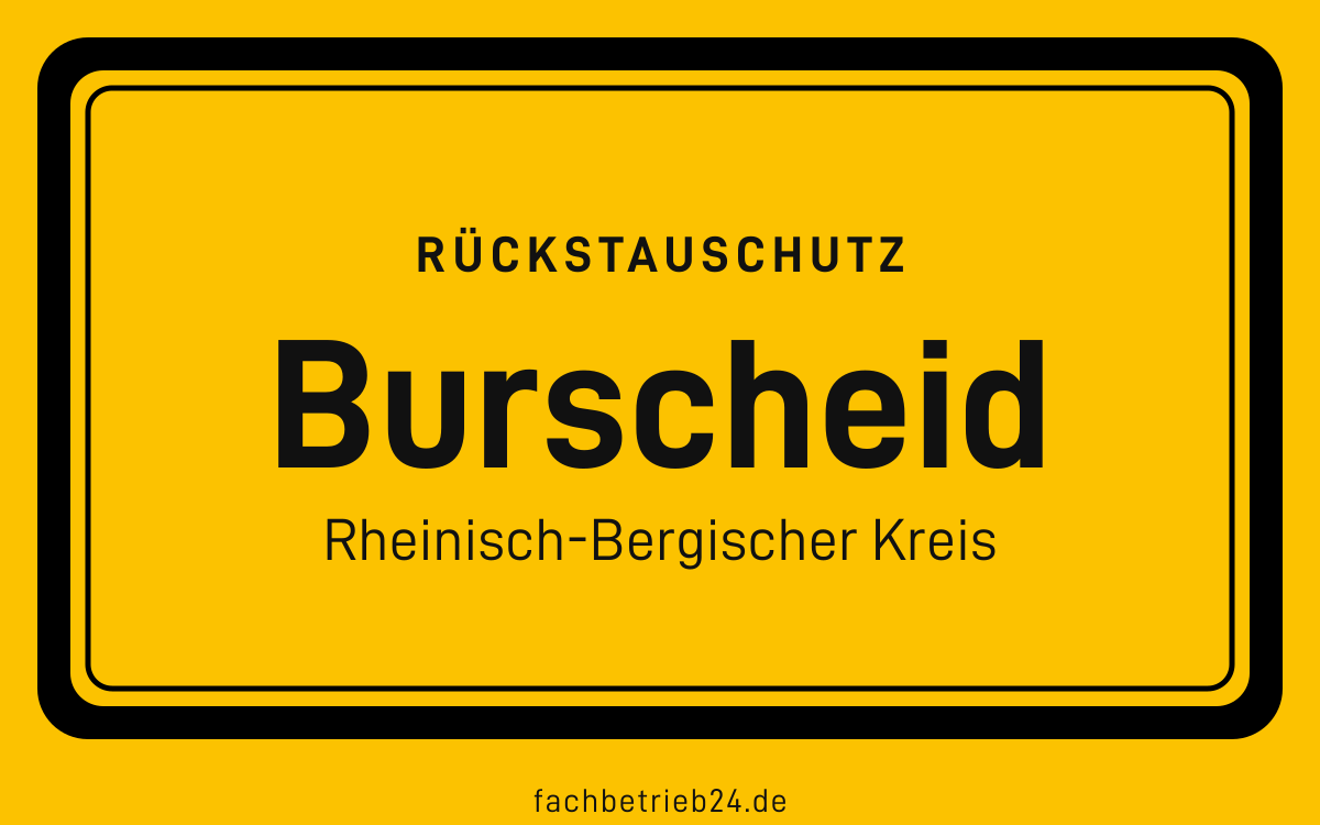 Gelbe Ortstafel Burscheid mit der Kopfzeile Rückstauschutz